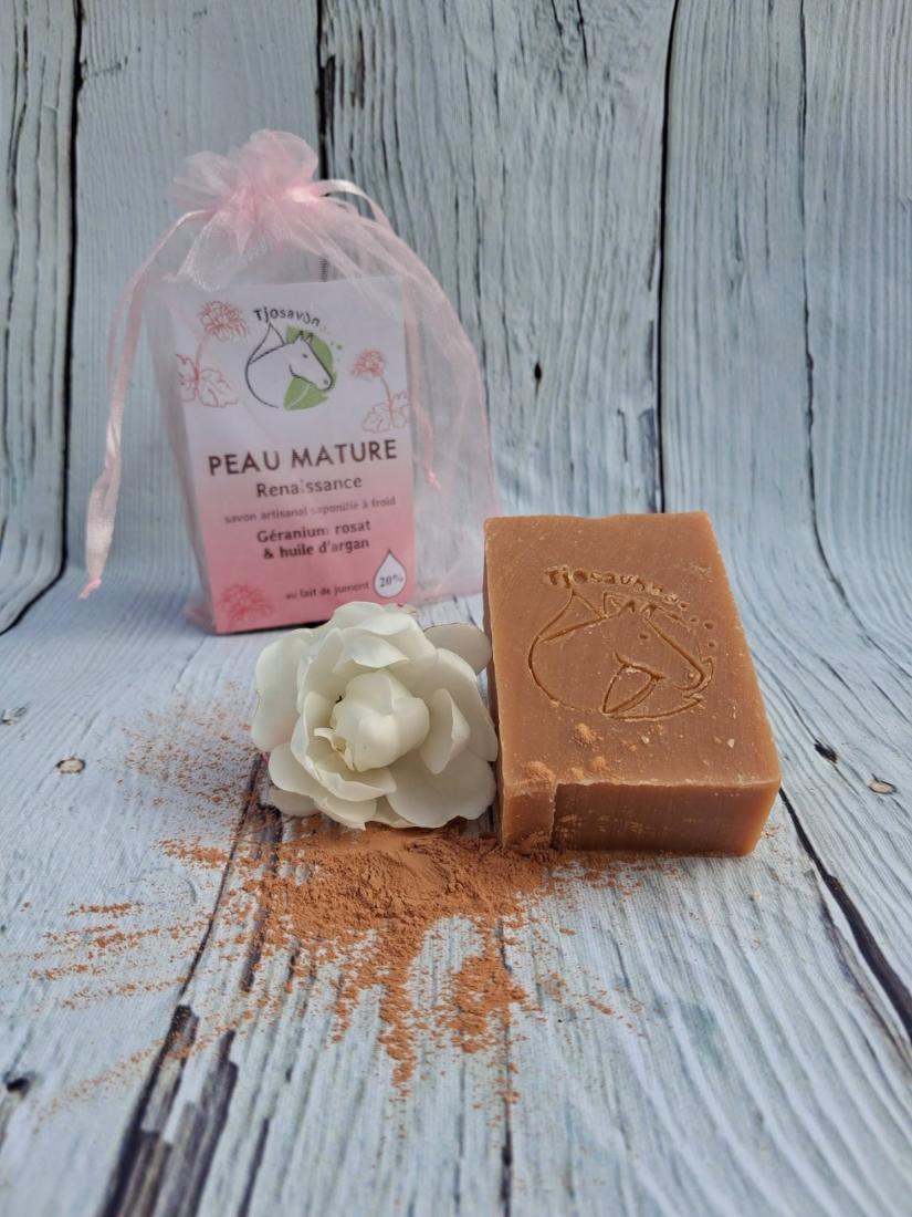Savon au lait de jument, à l'argan et à l'argile rose – Géranium rosat - Peau mature